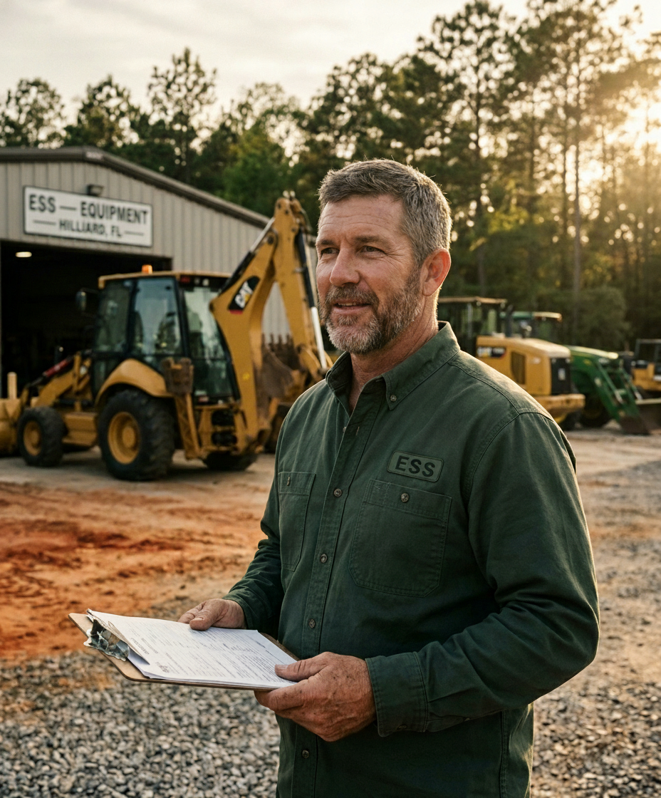 Equipment Service and Supply team at the Hilliard, Florida yard with an inspected backhoe behind them