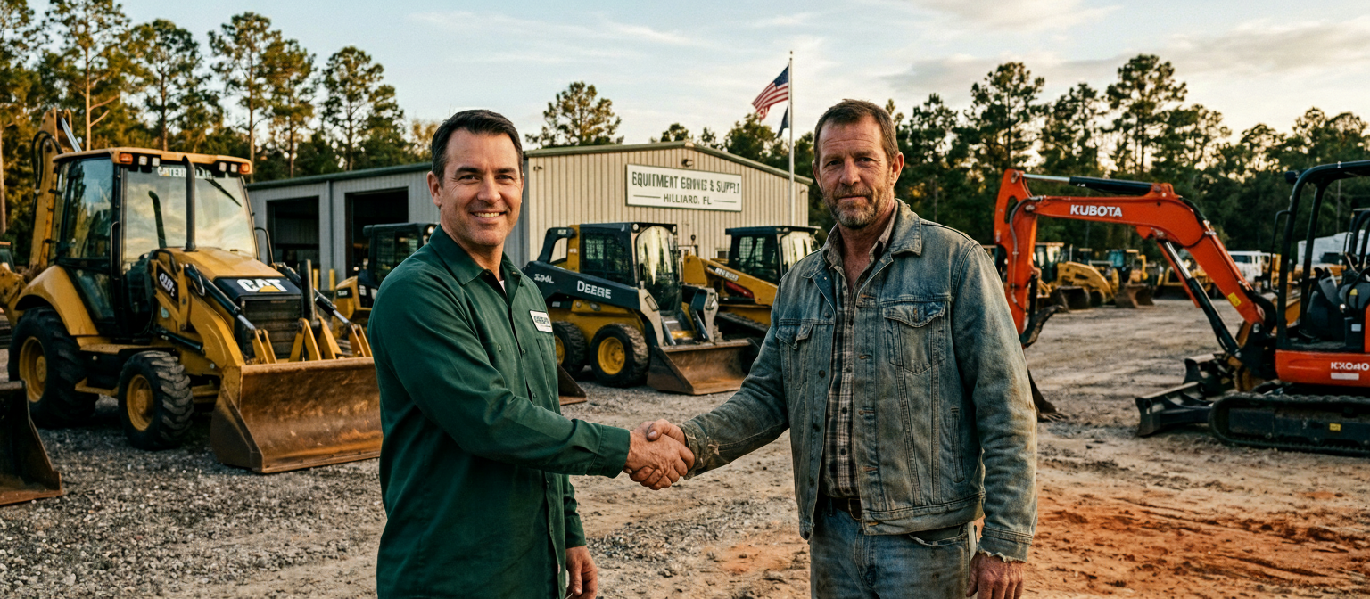 Equipment Service and Supply team and a buyer shaking hands in front of inspected iron at the Hilliard, Florida yard