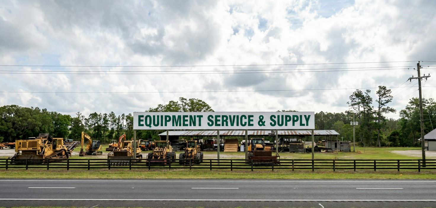 Wide aerial view of the Equipment Service and Supply yard in Hilliard, Florida — rows of inspected backhoes, excavators, and skid steers
